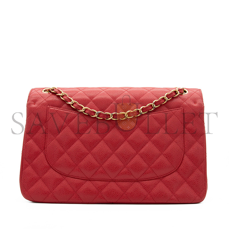 CHANEL JUMBO CLASSIC DOUBLE FLAP BAG RED SHINY CAVIAR GOLD HARDWARE (30*20*9cm)